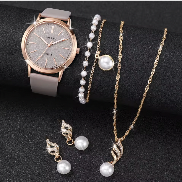 Twilight Treasures - 4PCS/Set Fashion Starry Sky Dial Women Watches Casual Leather Band Quartz Wrist Watch Pearls Jewelry Set (Without Box）