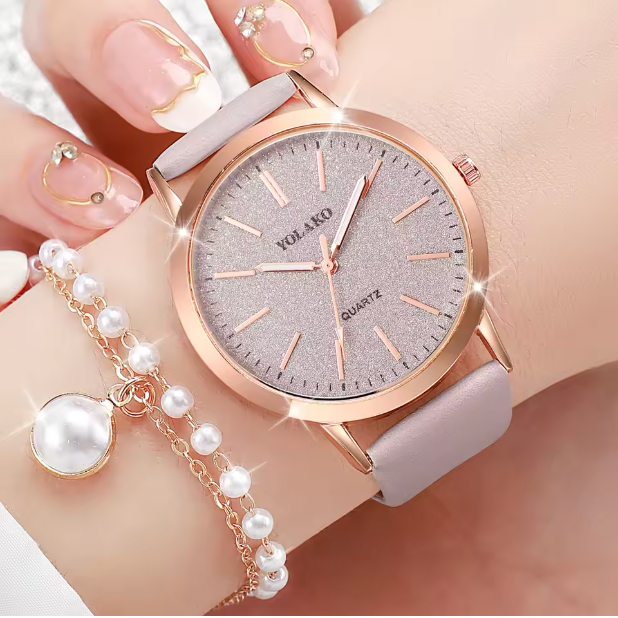 Twilight Treasures - 4PCS/Set Fashion Starry Sky Dial Women Watches Casual Leather Band Quartz Wrist Watch Pearls Jewelry Set (Without Box）