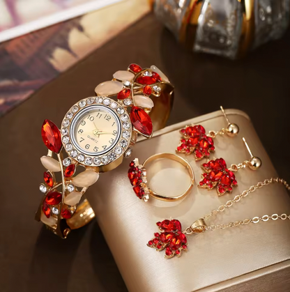 Starlight Splendor Jewelry Set - A Stylish, Casual And Versatile Women's Love With Diamond Inlaid Quartz Watch And Jewelry Three Piece Set