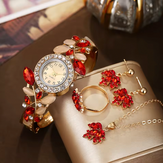 Starlight Splendor Jewelry Set - A Stylish, Casual And Versatile Women's Love With Diamond Inlaid Quartz Watch And Jewelry Three Piece Set