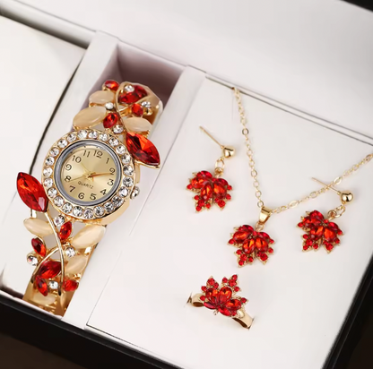 Starlight Splendor Jewelry Set - A Stylish, Casual And Versatile Women's Love With Diamond Inlaid Quartz Watch And Jewelry Three Piece Set