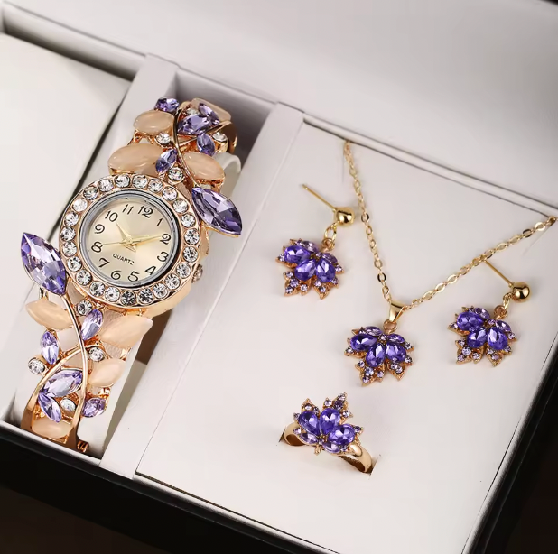 Starlight Splendor Jewelry Set - A Stylish, Casual And Versatile Women's Love With Diamond Inlaid Quartz Watch And Jewelry Three Piece Set