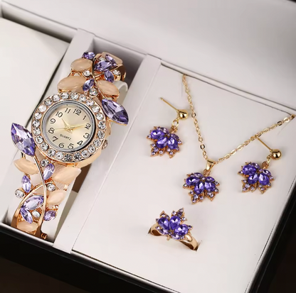 Starlight Splendor Jewelry Set - A Stylish, Casual And Versatile Women's Love With Diamond Inlaid Quartz Watch And Jewelry Three Piece Set