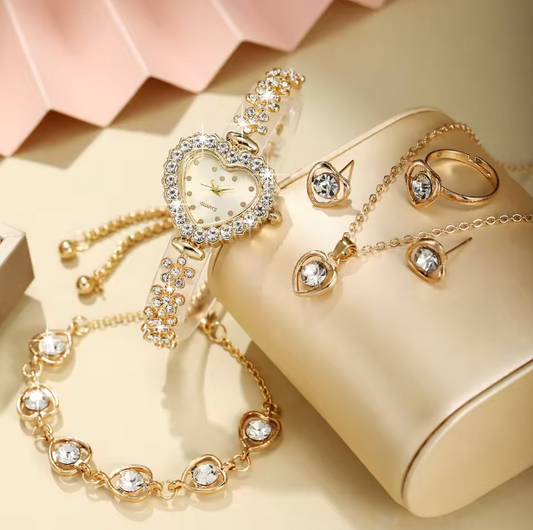 Infinity Grace Jewelry Set - 6pcs Light Luxury Women's Fashion Full Sky Star Trendy Strap Bracelet Watch Love Diamond Jewelry Set Quartz Watch