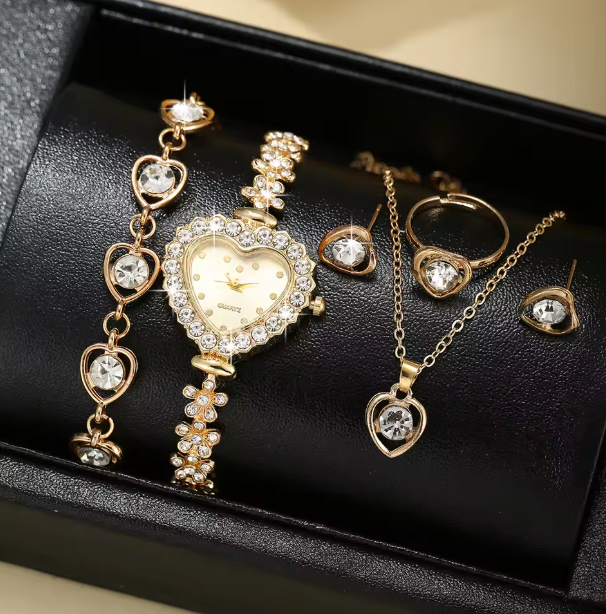 Infinity Grace Jewelry Set - 6pcs Light Luxury Women's Fashion Full Sky Star Trendy Strap Bracelet Watch Love Diamond Jewelry Set Quartz Watch