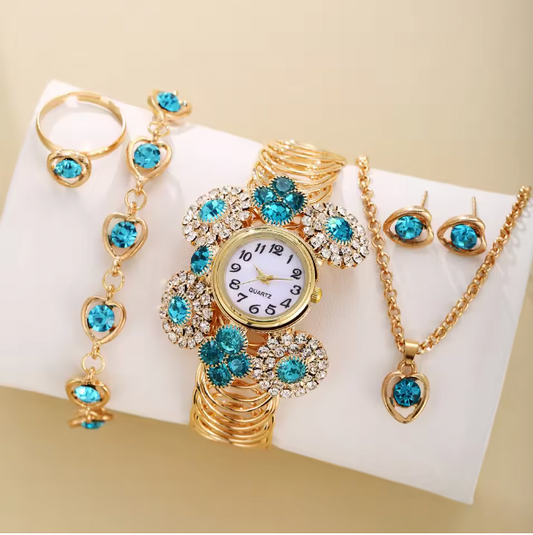 Ethereal Touch Luxury Jewelry Set - 6pcs/set luxury women's bracelet, necklace , quartz watch, earrings & ring