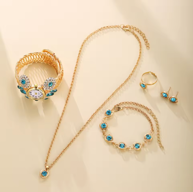 Ethereal Touch Luxury Jewelry Set - 6pcs/set luxury women's bracelet, necklace , quartz watch, earrings & ring