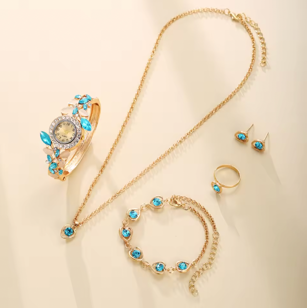Crystal Symphony Luxury Jewelry Set - 6pcs Set Light Luxury Elegant Women's Bracelet Quartz Watch, Bracelet, Necklace, Earrings & Ring