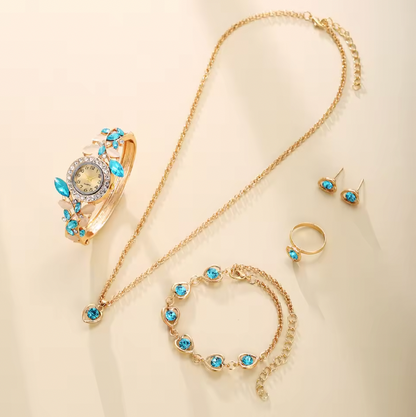 Crystal Symphony Luxury Jewelry Set - 6pcs Set Light Luxury Elegant Women's Bracelet Quartz Watch, Bracelet, Necklace, Earrings & Ring