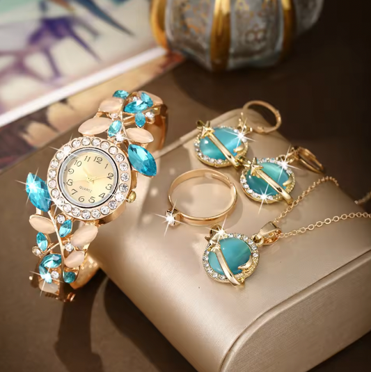Blue Horizon Luxury Jewelry Set -  5pcs Luxury Elegant Women's Bracelet Quartz Watch, Necklace, Earrings & Ring