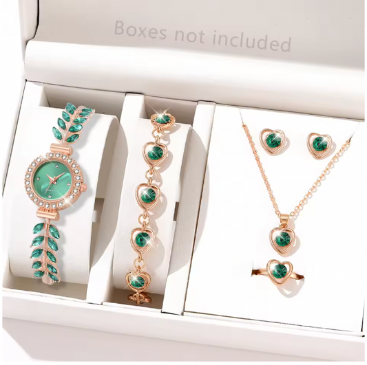 Peridot Charm Luxury Jewelry Set - 6PCS/Set Of Green Women Watches Fashionable Light Luxury Minimalist Dial Wristwatch Alloy Strap Watch Jewelry Set Gift For Mom