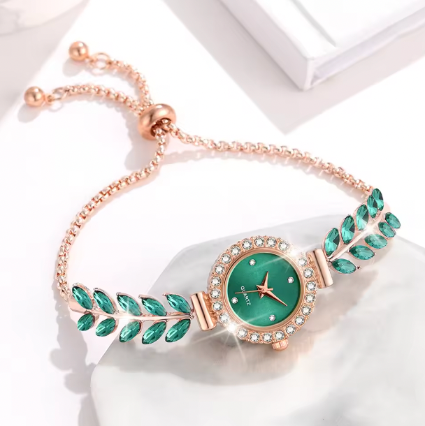 Peridot Charm Luxury Jewelry Set - 6PCS/Set Of Green Women Watches Fashionable Light Luxury Minimalist Dial Wristwatch Alloy Strap Watch Jewelry Set Gift For Mom