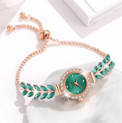 Peridot Charm Luxury Jewelry Set - 6PCS/Set Of Green Women Watches Fashionable Light Luxury Minimalist Dial Wristwatch Alloy Strap Watch Jewelry Set Gift For Mom