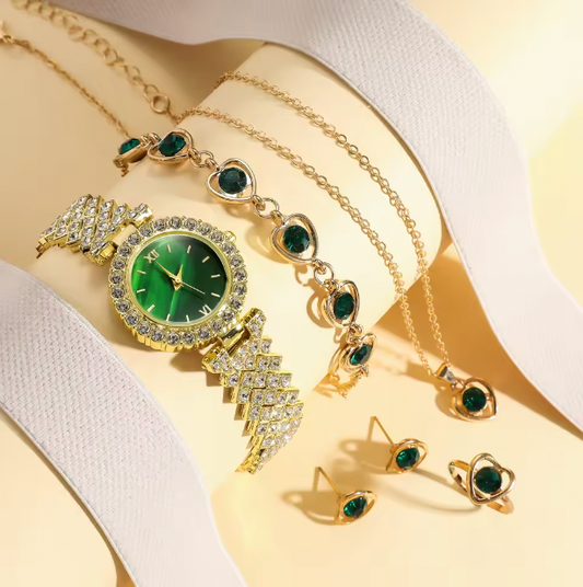 Evergreen Bliss Luxury Jewelry Set - 6pcs Set Light Luxury Elegant Women's Bracelet Quartz Watch, Bracelet, Necklace, Earrings & Ring