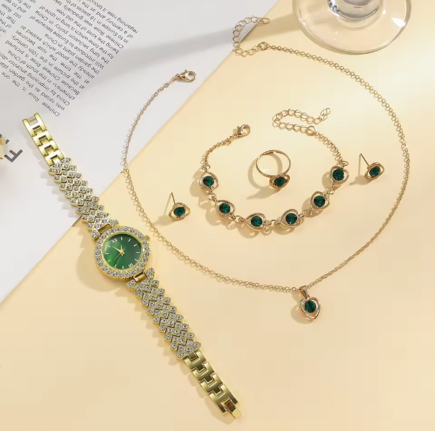 Evergreen Bliss Luxury Jewelry Set - 6pcs Set Light Luxury Elegant Women's Bracelet Quartz Watch, Bracelet, Necklace, Earrings & Ring