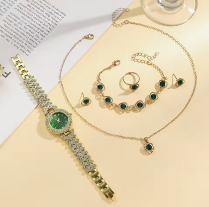 Evergreen Bliss Luxury Jewelry Set - 6pcs Set Light Luxury Elegant Women's Bracelet Quartz Watch, Bracelet, Necklace, Earrings & Ring