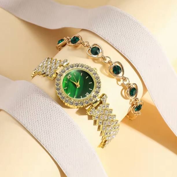 Evergreen Bliss Luxury Jewelry Set - 6pcs Set Light Luxury Elegant Women's Bracelet Quartz Watch, Bracelet, Necklace, Earrings & Ring