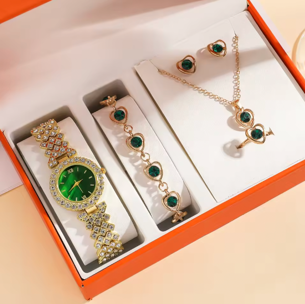 Evergreen Bliss Luxury Jewelry Set - 6pcs Set Light Luxury Elegant Women's Bracelet Quartz Watch, Bracelet, Necklace, Earrings & Ring