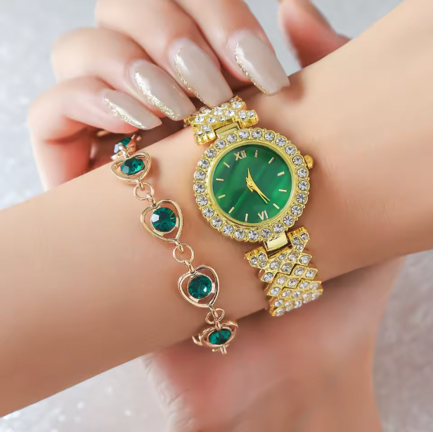 Evergreen Bliss Luxury Jewelry Set - 6pcs Set Light Luxury Elegant Women's Bracelet Quartz Watch, Bracelet, Necklace, Earrings & Ring