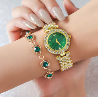 Evergreen Bliss Luxury Jewelry Set - 6pcs Set Light Luxury Elegant Women's Bracelet Quartz Watch, Bracelet, Necklace, Earrings & Ring