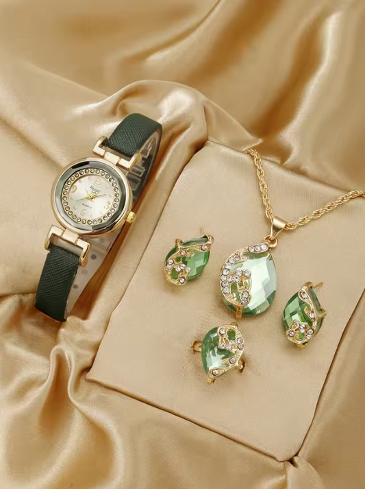 Mossy Majesty Luxury Jewelry Set - 5PCS Minimalist And Fashionable Quartz Watch, Necklace, Earrings & Ring
