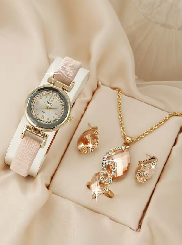 Mossy Majesty Luxury Jewelry Set - 5PCS Minimalist And Fashionable Quartz Watch, Necklace, Earrings & Ring