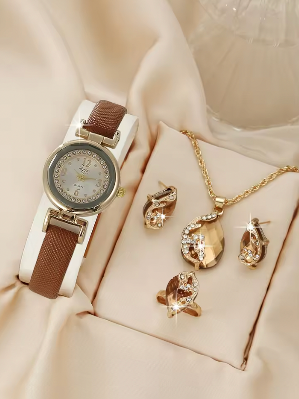 Mossy Majesty Luxury Jewelry Set - 5PCS Minimalist And Fashionable Quartz Watch, Necklace, Earrings & Ring