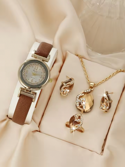 Mossy Majesty Luxury Jewelry Set - 5PCS Minimalist And Fashionable Quartz Watch, Necklace, Earrings & Ring