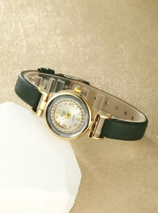Mossy Majesty Luxury Jewelry Set - 5PCS Minimalist And Fashionable Quartz Watch, Necklace, Earrings & Ring