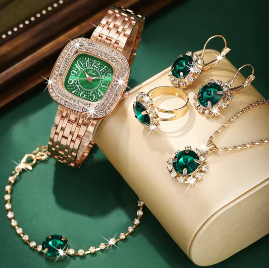 Olive Opulence Luxury Jewelry Set - 6pcs Women's Steel Band Watch Set Quartz Watch, Bracelet, Necklace, Earrings & Ring