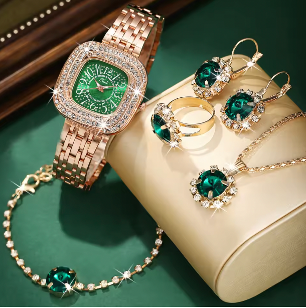 Olive Opulence Luxury Jewelry Set - 6pcs Women's Steel Band Watch Set Quartz Watch, Bracelet, Necklace, Earrings & Ring