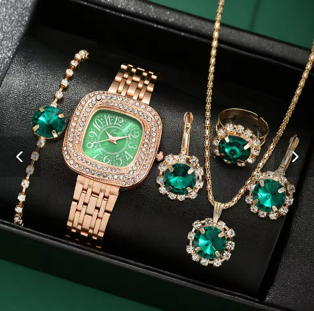Olive Opulence Luxury Jewelry Set - 6pcs Women's Steel Band Watch Set Quartz Watch, Bracelet, Necklace, Earrings & Ring