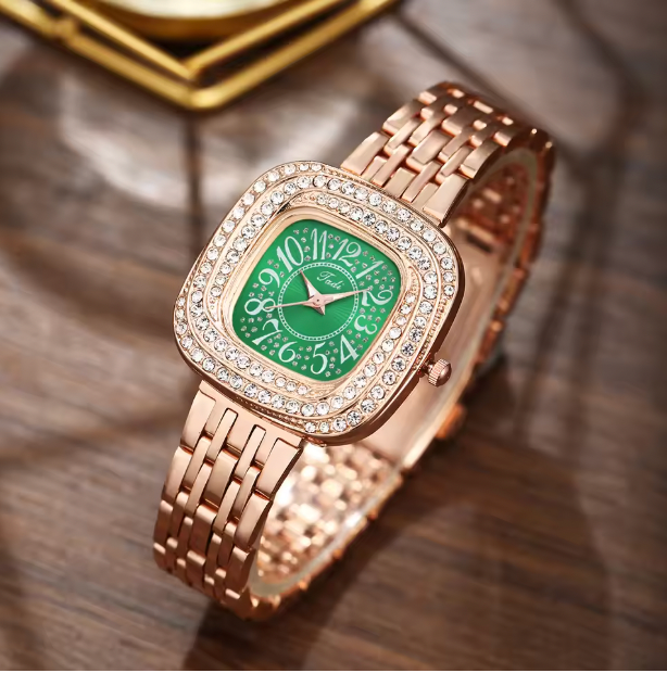 Olive Opulence Luxury Jewelry Set - 6pcs Women's Steel Band Watch Set Quartz Watch, Bracelet, Necklace, Earrings & Ring