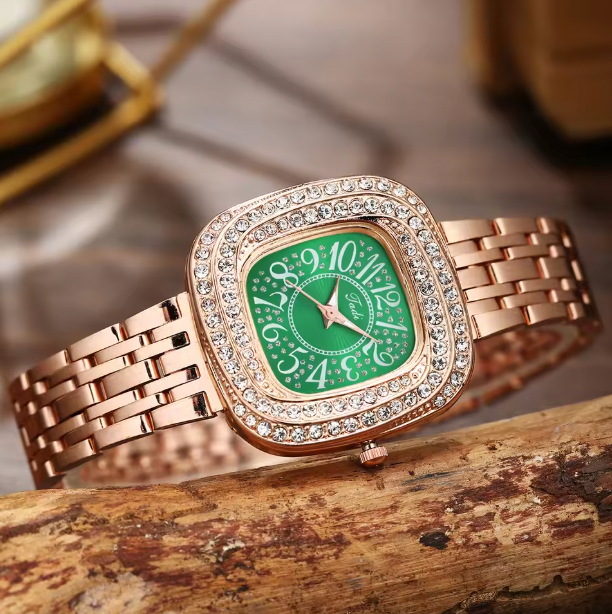 Olive Opulence Luxury Jewelry Set - 6pcs Women's Steel Band Watch Set Quartz Watch, Bracelet, Necklace, Earrings & Ring
