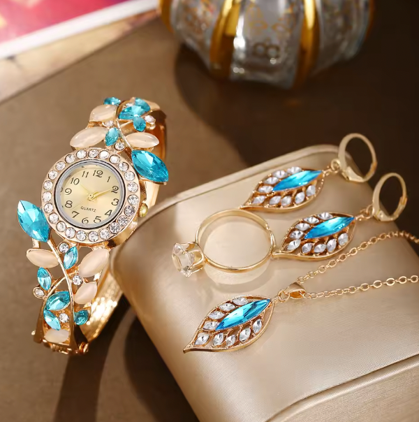 Amethyst Allure Luxury Jewelry Set - Women's fashion trend diamond Rhinestone Quartz Watch, Necklace, Earrings & Ring