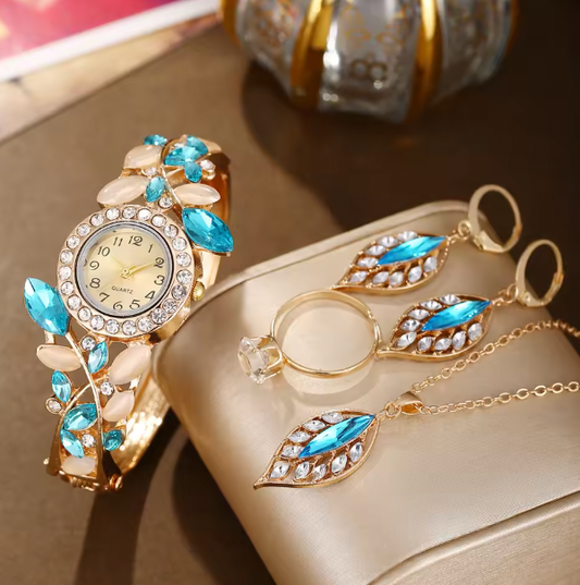 Amethyst Allure Luxury Jewelry Set - Women's fashion trend diamond Rhinestone Quartz Watch, Necklace, Earrings & Ring