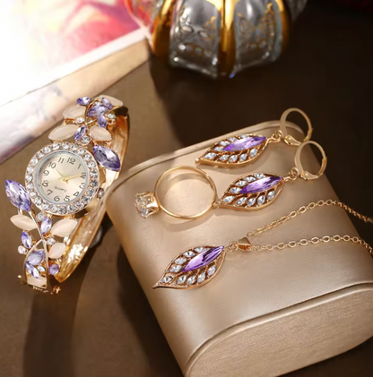 Amethyst Allure Luxury Jewelry Set - Women's fashion trend diamond Rhinestone Quartz Watch, Necklace, Earrings & Ring