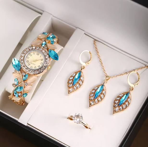 Amethyst Allure Luxury Jewelry Set - Women's fashion trend diamond Rhinestone Quartz Watch, Necklace, Earrings & Ring