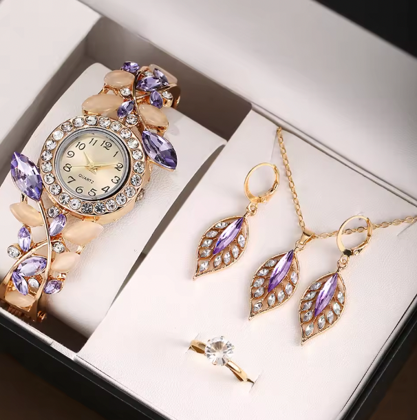 Amethyst Allure Luxury Jewelry Set - Women's fashion trend diamond Rhinestone Quartz Watch, Necklace, Earrings & Ring