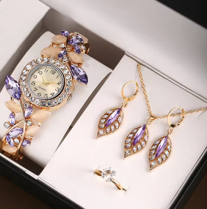Amethyst Allure Luxury Jewelry Set - Women's fashion trend diamond Rhinestone Quartz Watch, Necklace, Earrings & Ring