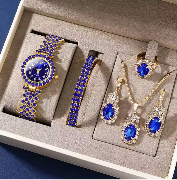 Sapphire Serenity Luxury Jewelry Set - Women's Rhinestone Quartz Watch, Bracelet, Necklace, Earrings & Ring