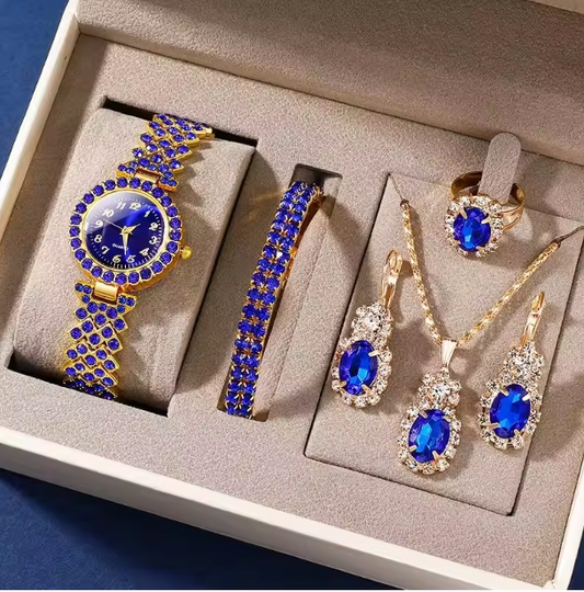 Sapphire Serenity Luxury Jewelry Set - Women's Rhinestone Quartz Watch, Bracelet, Necklace, Earrings & Ring
