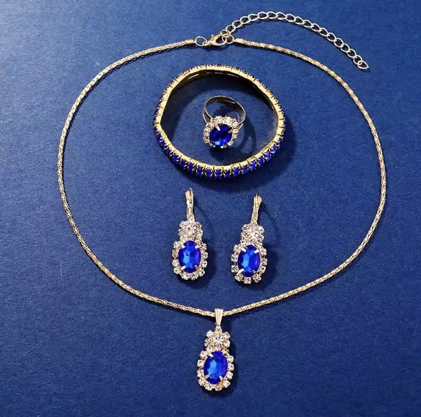 Sapphire Serenity Luxury Jewelry Set - Women's Rhinestone Quartz Watch, Bracelet, Necklace, Earrings & Ring