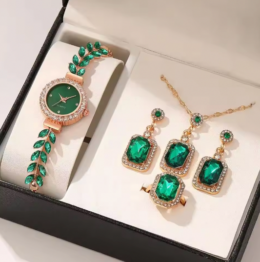 Jade Serenity Luxury Jewelry Set - Women's Rhinestone Quartz Watch, Necklace, Earrings & Ring