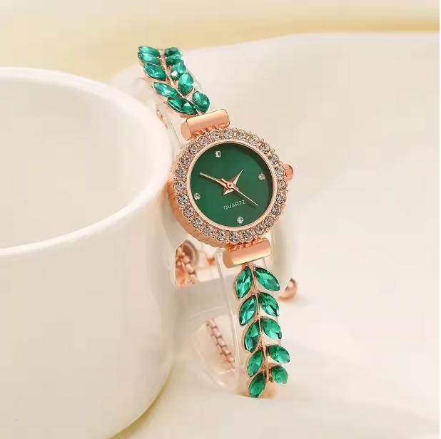 Jade Serenity Luxury Jewelry Set - Women's Rhinestone Quartz Watch, Necklace, Earrings & Ring