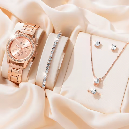 Blush Elegance Luxury Jewelry Set - Women's Rhinestone Quartz Watch, Necklace, Earrings & Ring