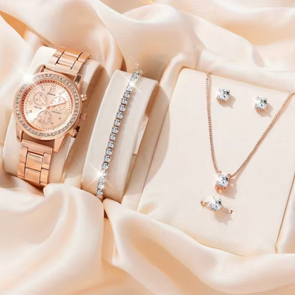 Blush Elegance Luxury Jewelry Set - Women's Rhinestone Quartz Watch, Necklace, Earrings & Ring