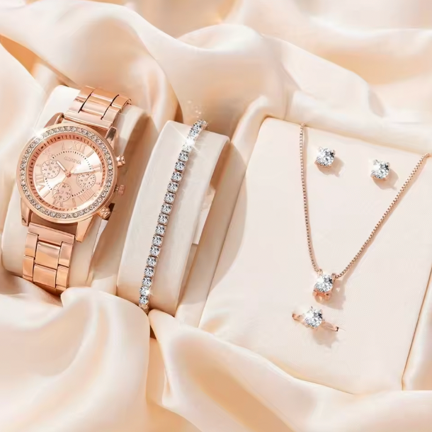Blush Elegance Luxury Jewelry Set - Women's Rhinestone Quartz Watch, Necklace, Earrings & Ring