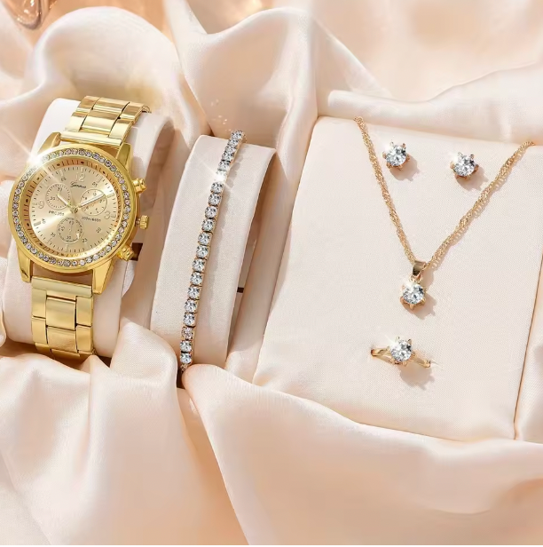 Blush Elegance Luxury Jewelry Set - Women's Rhinestone Quartz Watch, Necklace, Earrings & Ring