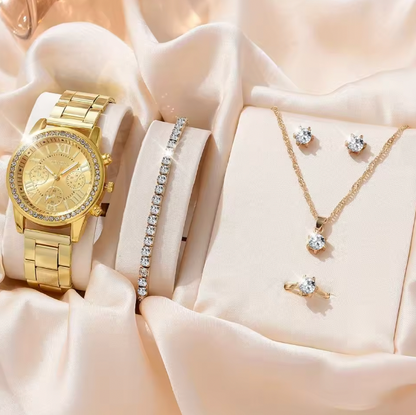 Blush Elegance Luxury Jewelry Set - Women's Rhinestone Quartz Watch, Necklace, Earrings & Ring